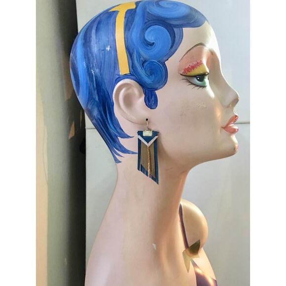 Western  Fringe Dark turquoise dark gold boho leather fringe statement earrings - Picture 3 of 10